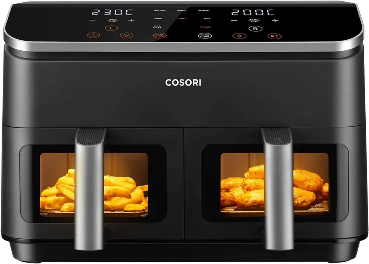 Friggitrice ad Aria COSORI 8,5L con Doppio Cestello, 8 Funzioni, Temperatura Regolabile, Alta Efficienza, Finestra di Controllo, Nero