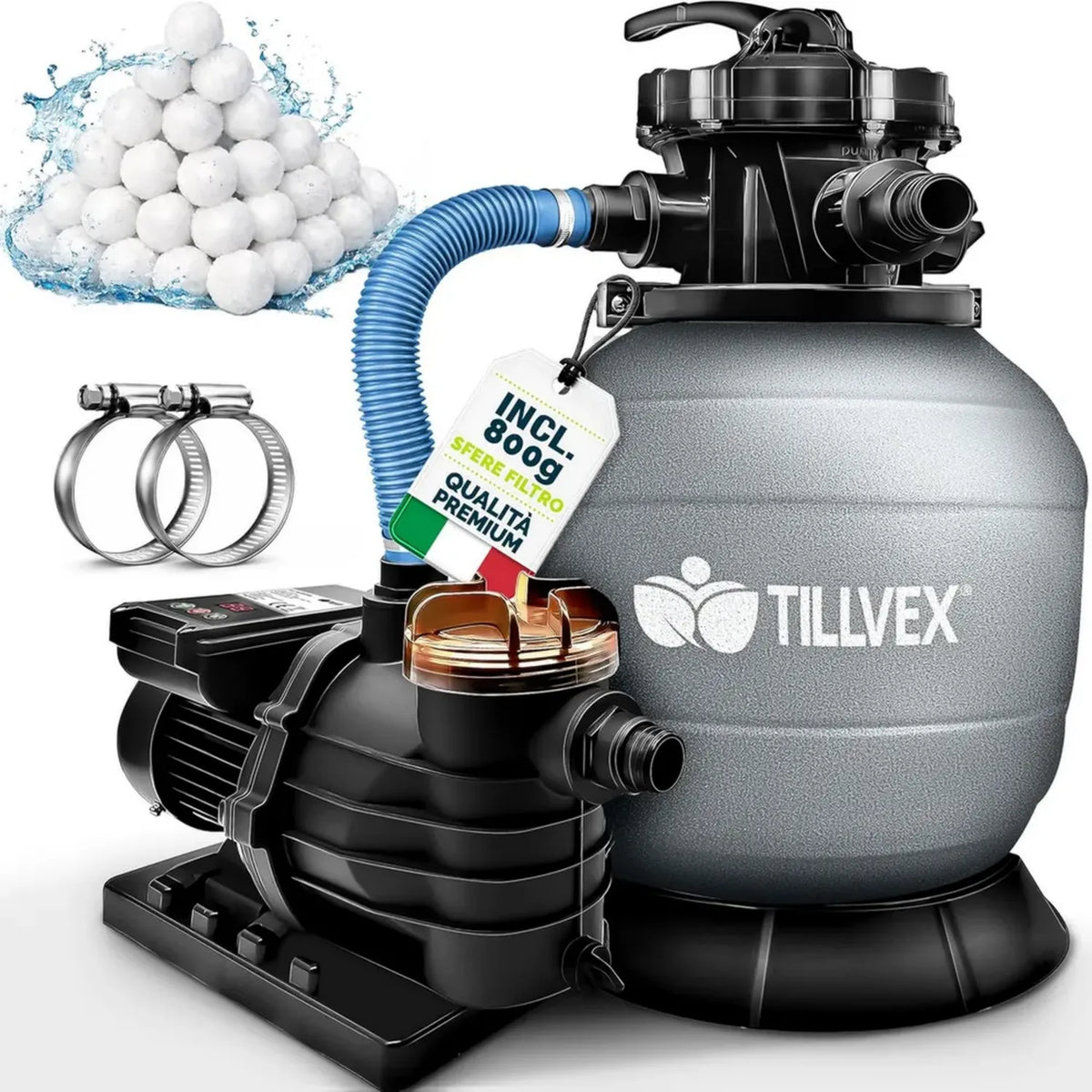 Sistema di Filtraggio Piscina tillvex con Timer e Sfere Filtranti, Portata 10m³/h