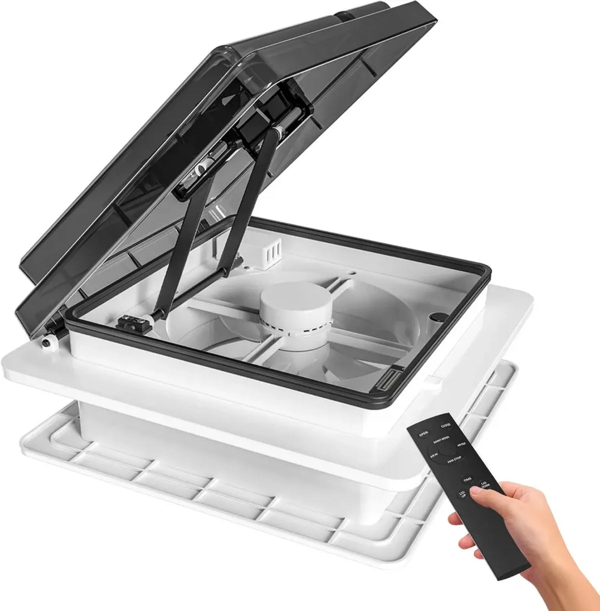 Ventilatore da tetto per camper 12V con telecomando e sensore pioggia, 4 velocità silenziose, ventilazione reversibile, timer regolabile, 360x360mm (fumé)