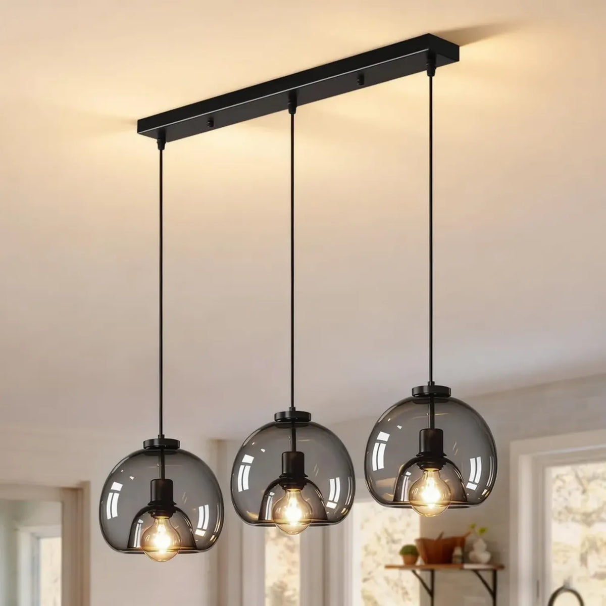 Lampadario Vintage a 3 Luci in Vetro per Cucina e Sala da Pranzo, Altezza Regolabile, E27, Bianco Caldo 3000K