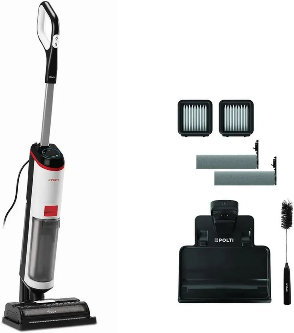 Pulitore a vapore multifunzione POLTI RollySteam WD10, aspirazione potente, serbatoio 0,6 L, nero/bianco