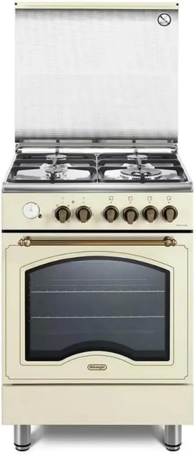 De'Longhi Cucina a Gas 60 cm, Forno Elettrico, 4 Fuochi, Crema