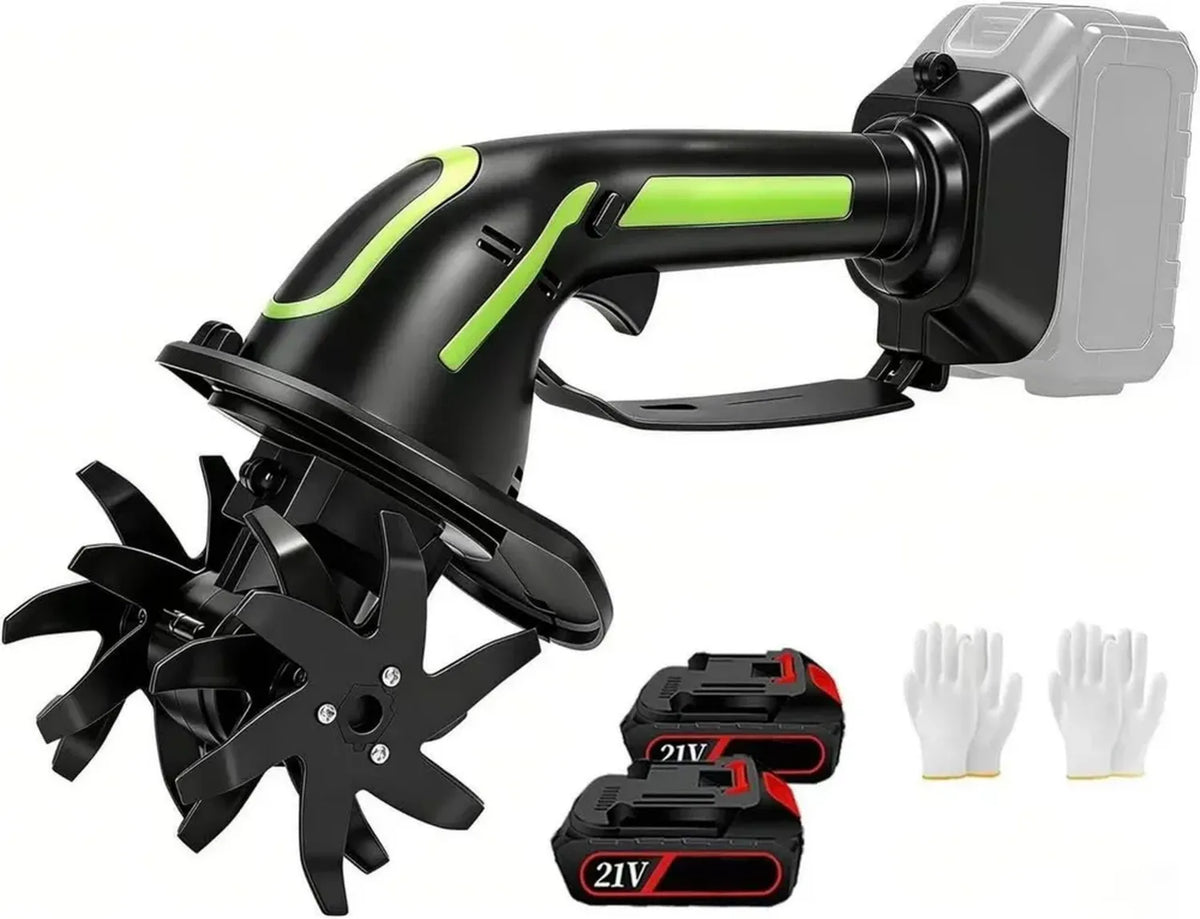 Motozappa elettrica a batteria 21V, larghezza 10 cm, profondità 10 cm, lame temprate per giardino, blocco di sicurezza