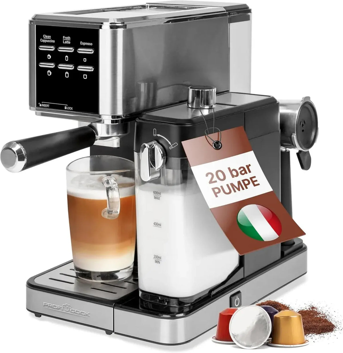 Macchina da caffè espresso 2 in 1 con portafiltro 20 bar e sistema latte, compatibile con capsule Nespresso