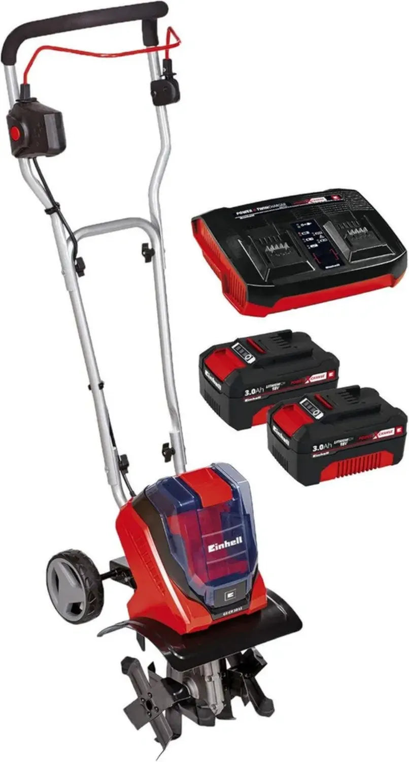 Einhell Motozappa a Batteria GE-CR 30 Li-Solo, Kit con 2 Batterie 3,0Ah e Caricabatterie Twin PXC, Rosso