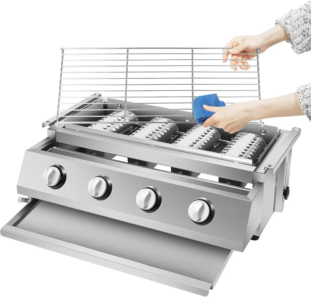 Griglia a gas portatile in acciaio inox con 4 bruciatori, ideale per giardino e campeggio
