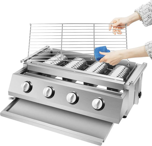 Griglia a gas portatile in acciaio inox con 4 bruciatori, ideale per giardino e campeggio