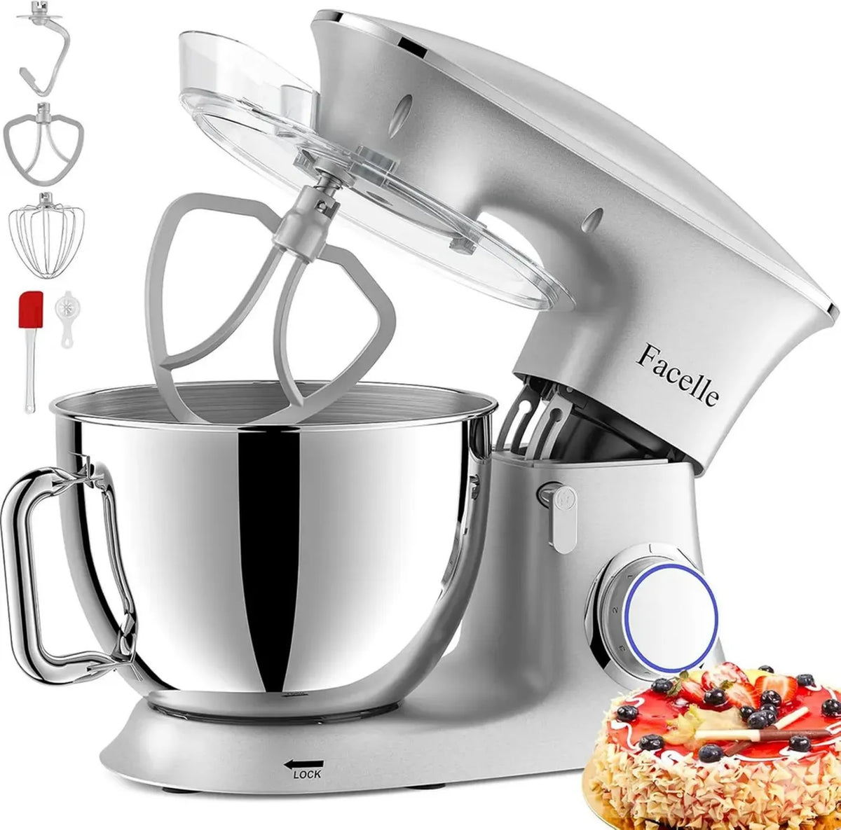 Impastatrice Planetaria 2000W, 8.5L, Silenziosa, a 6 Velocità con Ganci per Impasto, Facelle Miscelatore Professionale, Lavabile in Lavastoviglie