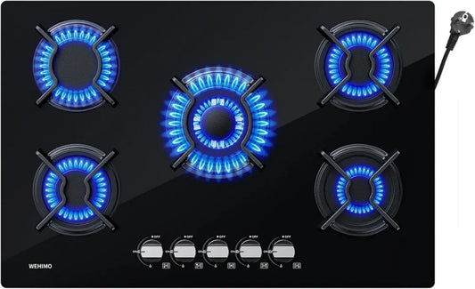 Piano Cottura a Gas 5 Fuochi 77cm in Vetro Nero, 10500W, Sicurezza Anti-Fiamma, Compatibile con Gas Naturale, Propano e Butano