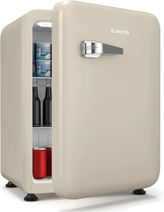 Minifrigo Retrò 68L Klarstein Audrey Evo, Silenzioso 40 dB, Termostato Regolabile, Porta Reversibile, Design Vintage, Crema