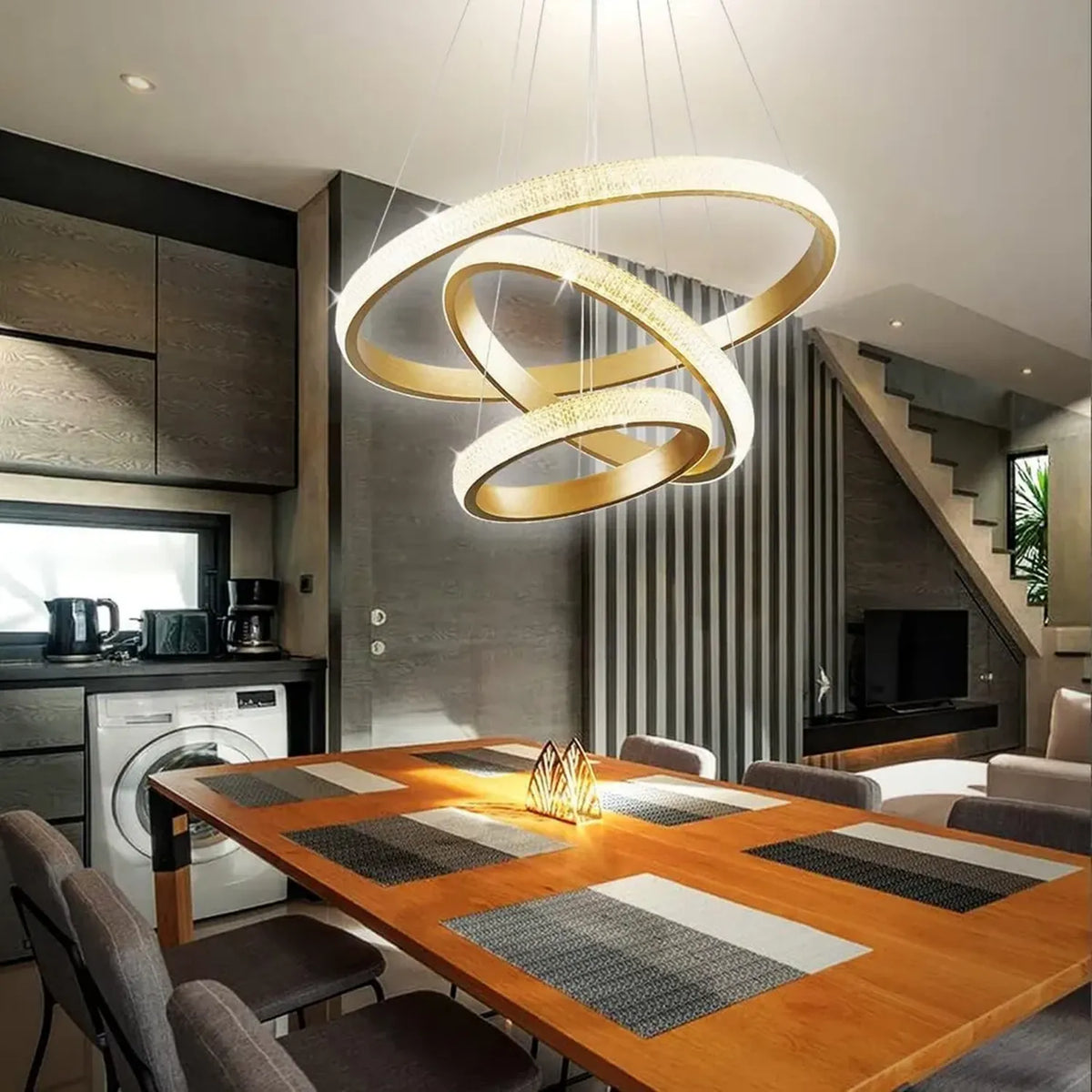 Lampadario a LED moderno in cristallo con telecomando, luce oro regolabile a 3 anelli per sala da pranzo e cucina