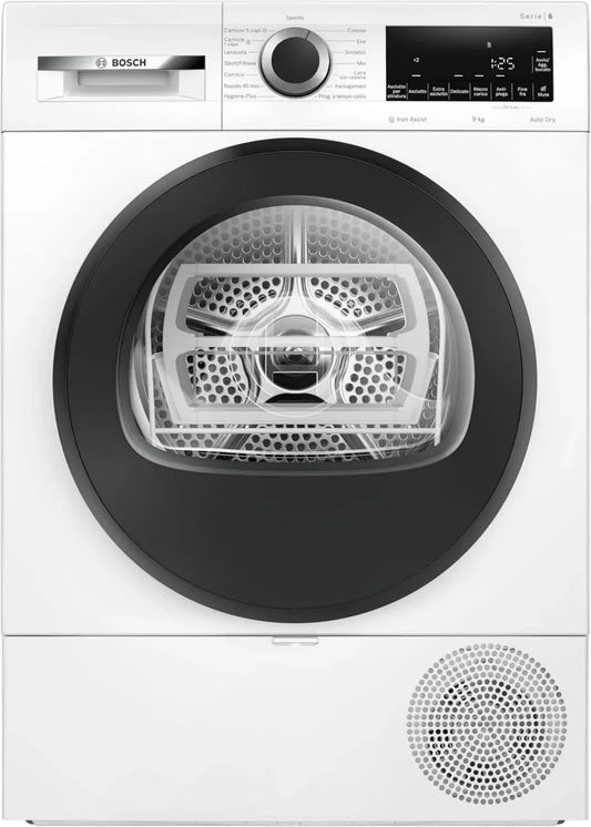 Bosch Serie 6 Asciugatrice a Pompa di Calore, 9 kg, Efficienza Energetica C, Sensori di Asciugatura, Antipiega, Cestello per Lana, Colore Bianco, Larghezza 60 cm