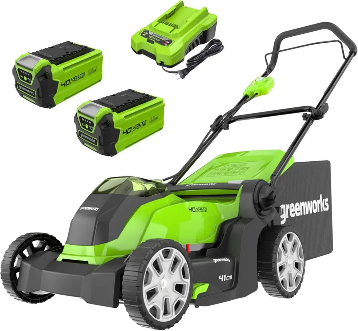 Rasaerba a Batteria Greenworks 40V per Giardini Fino a 500m², 41cm di Taglio, Sacco 50L, Include 2 Batterie 2Ah e Caricabatterie, 3 Anni di Garanzia