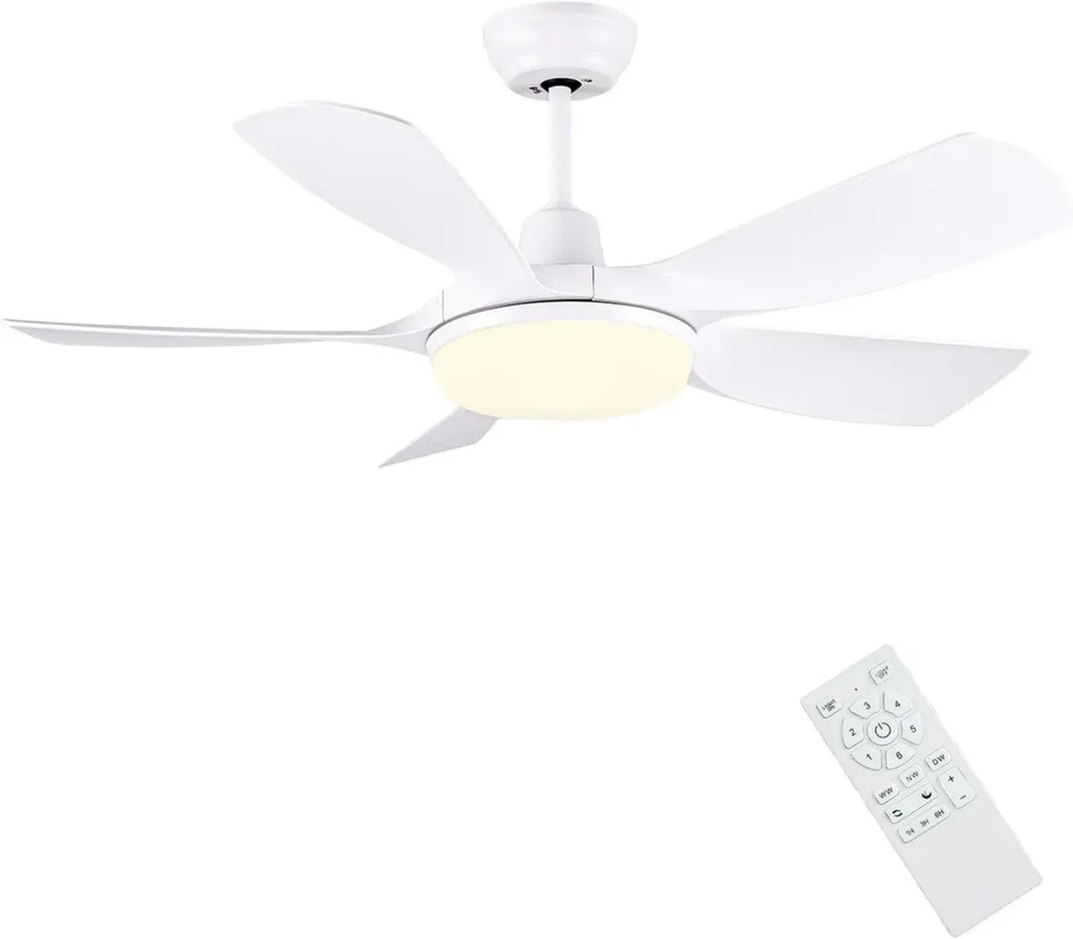 Ventilatore da Soffitto Bianco con Luce Dimmerabile e Telecomando, 106cm, Silenzioso con Motore DC, 6 Velocità e Timer